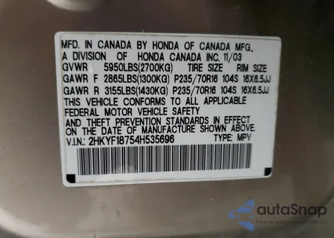 2004 Honda Pilot Exl из США, поврежденный, VIN 2HKYF18754H535696